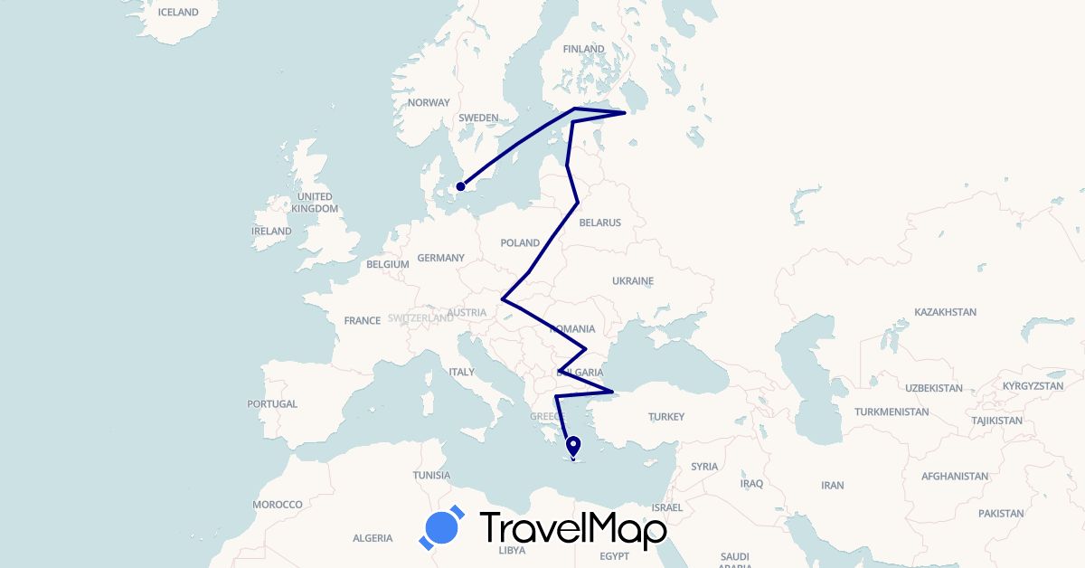 TravelMap itinerary: driving in Bulgaria, Denmark, Estonia, Finland, Greece, Hungary, Lithuania, Latvia, Poland, Romania, Russia, Slovakia, Turkey (Asia, Europe)